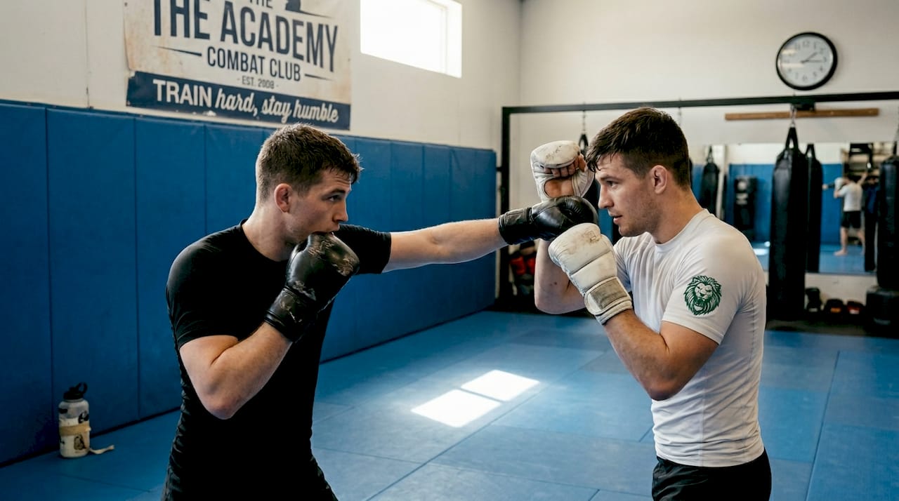 Martial artists sparring in training gym