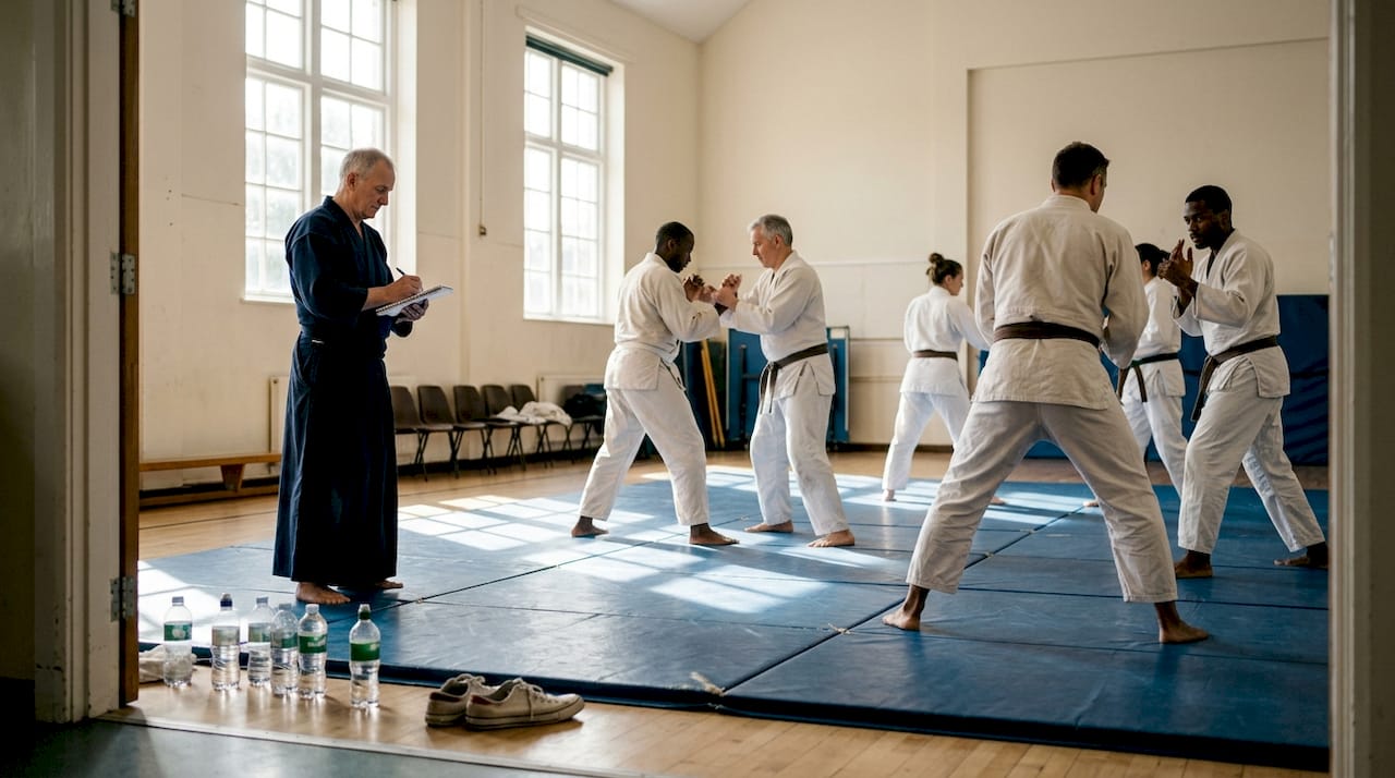 Adults training martial arts in community gym